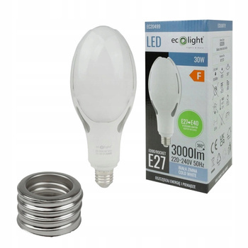 Żarówka LED Uliczna Gwint E-27 Adapter E-40 30W Zimne Światło 6000K 3000lm