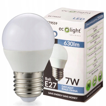 Żarówka LED ledowa Kulka E27 7W 6500K Barwa Biała Zimna