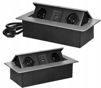 Gniazda Meblowe Chowane w Blat z Ładowarką 2x USB A+C Kabel 1,5m Srebrne