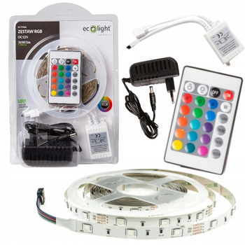 Taśma LED Pasek 36W 12V RGB Kolorowa Ściemnialna 5m Zestaw Pilot + Zasilacz