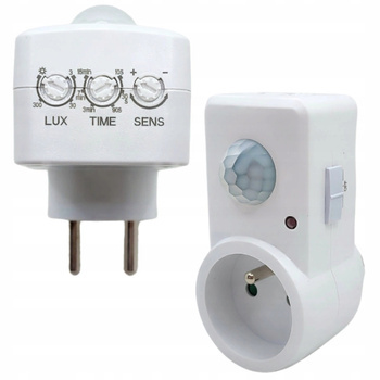 Czujnik Ruchu Biały do Gniazdka Zasięg 9m 120° Regulacja Czułości Zmierzchu