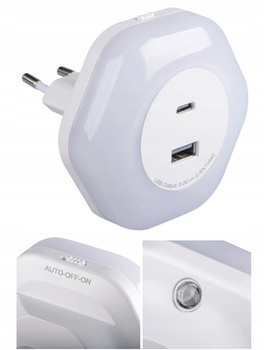 Kanlux Lampka Nocna LED do Gniazdka Czujnik Zmierzchu Ładowarka 2xUSB A+C