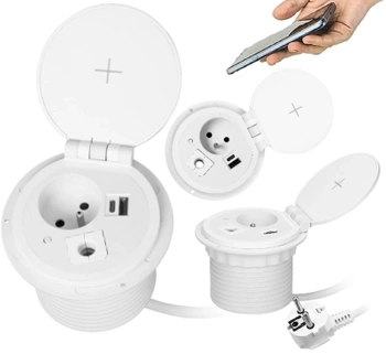 Gniazdo Meblowe Wpuszczane w Blat Ładowarka Indukcyjna 2xUSB Kabel Białe