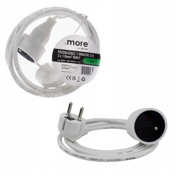 Przedłużacz Biały Pojedynczy 1 gniazdo 1.5m Budowlany Domowy z Uziemieniem