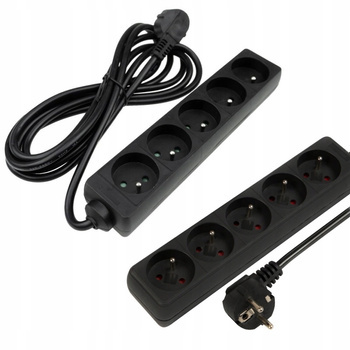Przedłużacz Czarny Listwa Zasilająca 5 gniazd 3m z Uziemieniem 3680W 16A