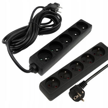 Przedłużacz Czarny Listwa Zasilająca 5 gniazd 5m z Uziemieniem 3680W 16A